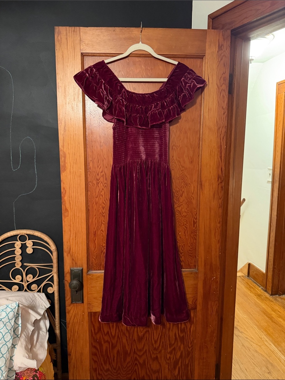 Hill House Burgundy Velvet Ellie Nap Dress with Ruffled Off-Shoulder M